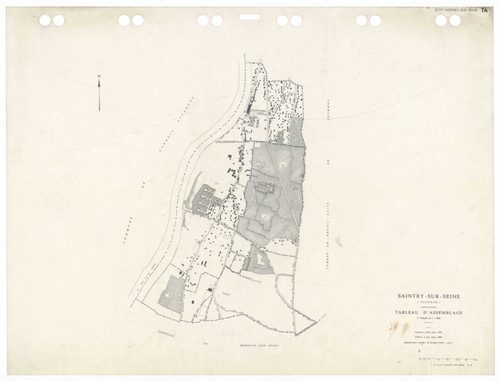 SAINTRY-SUR-SEINE, plans minutes de conservation : tableau d'assemblage,1945, Ech. 1/5000 ; plan de section B2, 1945, Ech. 1/2500. Polyester. N et B. Dim. 105 x 80 cm [2 plans]. 
