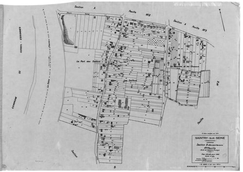 SAINTRY-SUR-SEINE. - Cadastre révisé pour 1945 : plans de la section A le Village 1ère feuille, idem 2ème feuille, idem 3ème feuille, section B la Garenne 1ère feuille, idem 2ème feuille ; cadastre révisé pour 1945 mis à jour pour 1970 : plans de la secti