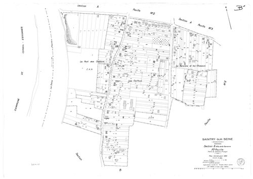 SAINTRY-SUR-SEINE. - Cadastre révisé pour 1945 : plans de la section A le Village 1ère feuille, idem 2ème feuille, idem 3ème feuille, section B la Garenne 1ère feuille, idem 2ème feuille ; cadastre révisé pour 1945 mis à jour pour 1970 : plans de la secti