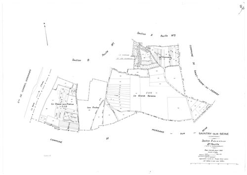 SAINTRY-SUR-SEINE. - Cadastre révisé pour 1945 : plans de la section A le Village 1ère feuille, idem 2ème feuille, idem 3ème feuille, section B la Garenne 1ère feuille, idem 2ème feuille ; cadastre révisé pour 1945 mis à jour pour 1970 : plans de la secti