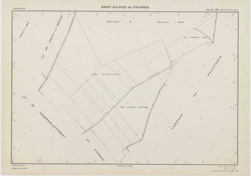 SAINT-SULPICE-DE-FAVIERES, plans minutes de conservation : tableau d'assemblage, 1933, Ech. 1/10000 ; plans des sections A1, A3, B2, 1933, Ech. 1/2500, sections A2, B1, 1933, Ech. 1/1250, section ZB, 1963, Ech. 1/2000. Polyester. N et B. Dim. 105 x 80 cm 