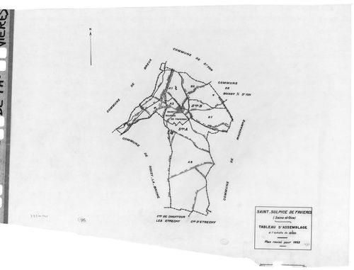 SAINT-SULPICE DE FAVIERES. - Cadastre révisé pour 1933 : plan du tableau d'assemblage ; plans de la section A le Village 1ère feuille, idem 3ème feuille, [3 plans]. 