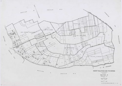 SAINT-SULPICE-DE-FAVIERES, plans minutes de conservation : tableau d'assemblage, 1933, Ech. 1/10000 ; plans des sections A1, A3, B2, 1933, Ech. 1/2500, sections A2, B1, 1933, Ech. 1/1250, section ZB, 1963, Ech. 1/2000. Polyester. N et B. Dim. 105 x 80 cm 