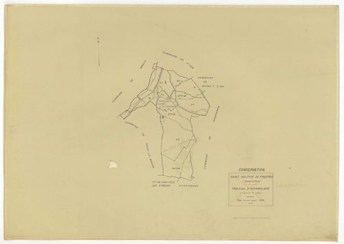 Plans minutes de conservation : SAINT-SULPICE-DE-FAVIERES : tableau d'assemblage n°1, ech. 1/10000 (1933), section B2, ech. 1/2500 (1933), sections A2, B1, ech. 1/1250 (1933) ; tableau d'assemblage n°2, ech. 1/10000 (1933-1936), section A3, ech. 1/2500 (1