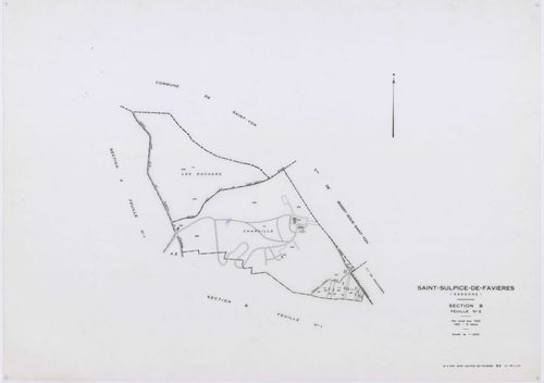 SAINT-SULPICE-DE-FAVIERES, plans minutes de conservation : tableau d'assemblage, 1933, Ech. 1/10000 ; plans des sections A1, A3, B2, 1933, Ech. 1/2500, sections A2, B1, 1933, Ech. 1/1250, section ZB, 1963, Ech. 1/2000. Polyester. N et B. Dim. 105 x 80 cm 
