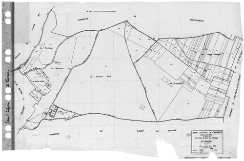 SAINT-SULPICE DE FAVIERES. - Cadastre révisé pour 1933 : plan du tableau d'assemblage ; plans de la section A le Village 1ère feuille, idem 3ème feuille, [3 plans]. 