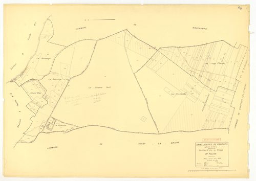 Plans minutes de conservation : SAINT-SULPICE-DE-FAVIERES : tableau d'assemblage n°1, ech. 1/10000 (1933), section B2, ech. 1/2500 (1933), sections A2, B1, ech. 1/1250 (1933) ; tableau d'assemblage n°2, ech. 1/10000 (1933-1936), section A3, ech. 1/2500 (1