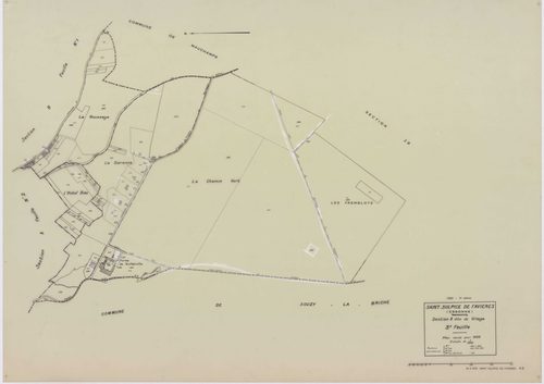 SAINT-SULPICE-DE-FAVIERES, plans minutes de conservation : tableau d'assemblage, 1933, Ech. 1/10000 ; plans des sections A1, A3, B2, 1933, Ech. 1/2500, sections A2, B1, 1933, Ech. 1/1250, section ZB, 1963, Ech. 1/2000. Polyester. N et B. Dim. 105 x 80 cm 