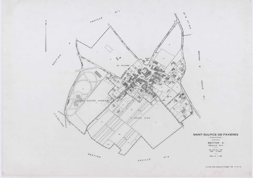 SAINT-SULPICE-DE-FAVIERES, plans minutes de conservation : tableau d'assemblage, 1933, Ech. 1/10000 ; plans des sections A1, A3, B2, 1933, Ech. 1/2500, sections A2, B1, 1933, Ech. 1/1250, section ZB, 1963, Ech. 1/2000. Polyester. N et B. Dim. 105 x 80 cm 