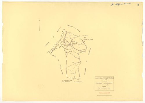Plans minutes de conservation : SAINT-SULPICE-DE-FAVIERES : tableau d'assemblage n°1, ech. 1/10000 (1933), section B2, ech. 1/2500 (1933), sections A2, B1, ech. 1/1250 (1933) ; tableau d'assemblage n°2, ech. 1/10000 (1933-1936), section A3, ech. 1/2500 (1