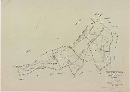 SAINT-SULPICE-DE-FAVIERES, plans minutes de conservation : tableau d'assemblage, 1933, Ech. 1/10000 ; plans des sections A1, A3, B2, 1933, Ech. 1/2500, sections A2, B1, 1933, Ech. 1/1250, section ZB, 1963, Ech. 1/2000. Polyester. N et B. Dim. 105 x 80 cm 