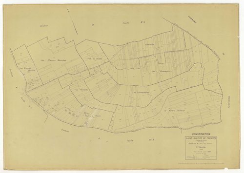 Plans minutes de conservation : SAINT-SULPICE-DE-FAVIERES : tableau d'assemblage n°1, ech. 1/10000 (1933), section B2, ech. 1/2500 (1933), sections A2, B1, ech. 1/1250 (1933) ; tableau d'assemblage n°2, ech. 1/10000 (1933-1936), section A3, ech. 1/2500 (1