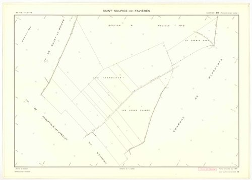 Plans minutes de conservation : SAINT-SULPICE-DE-FAVIERES : tableau d'assemblage n°1, ech. 1/10000 (1933), section B2, ech. 1/2500 (1933), sections A2, B1, ech. 1/1250 (1933) ; tableau d'assemblage n°2, ech. 1/10000 (1933-1936), section A3, ech. 1/2500 (1