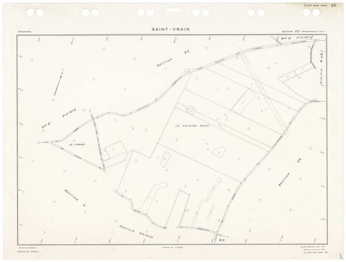 SAINT-VRAIN, plans minutes de conservation : tableau d'assemblage,1941, Ech. 1/10000 ; plans des sections Cu, A1, A2, B3, D1, D2, 1941, Ech. 1/2500, section A3, 1941, Ech. 1/1250, sections ZA, ZB, ZC, ZD, ZE, 1972, Ech. 1/2000, sections AA, AC, AD, AE, AH