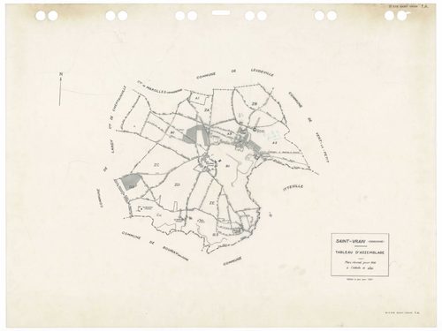 SAINT-VRAIN, plans minutes de conservation : tableau d'assemblage,1941, Ech. 1/10000 ; plans des sections Cu, A1, A2, B3, D1, D2, 1941, Ech. 1/2500, section A3, 1941, Ech. 1/1250, sections ZA, ZB, ZC, ZD, ZE, 1972, Ech. 1/2000, sections AA, AC, AD, AE, AH