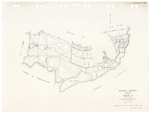 SAINT-VRAIN, plans minutes de conservation : tableau d'assemblage,1941, Ech. 1/10000 ; plans des sections Cu, A1, A2, B3, D1, D2, 1941, Ech. 1/2500, section A3, 1941, Ech. 1/1250, sections ZA, ZB, ZC, ZD, ZE, 1972, Ech. 1/2000, sections AA, AC, AD, AE, AH