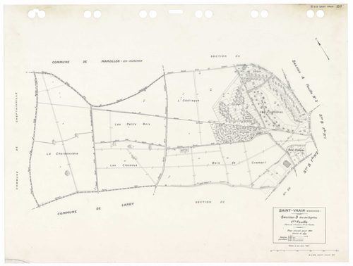 SAINT-VRAIN, plans minutes de conservation : tableau d'assemblage,1941, Ech. 1/10000 ; plans des sections Cu, A1, A2, B3, D1, D2, 1941, Ech. 1/2500, section A3, 1941, Ech. 1/1250, sections ZA, ZB, ZC, ZD, ZE, 1972, Ech. 1/2000, sections AA, AC, AD, AE, AH