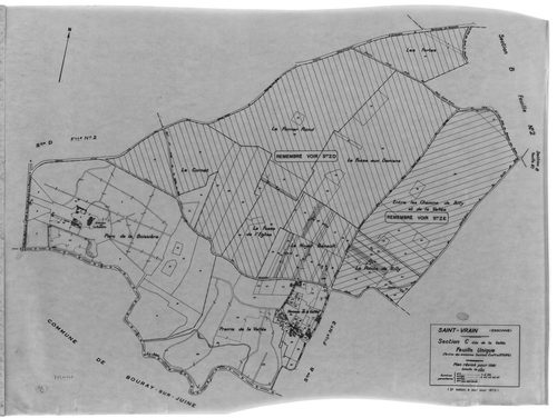 SAINT-VRAIN. - Cadastre révisé pour 1941 : plan du tableau d'assemblage, plans de la section A le Village 1ère feuille, idem 2ème feuille, idem 3ème feuille, section B Parc de Saint-Vrain 1ère feuille, idem 2ème feuille, idem 3ème feuille, section C la Va