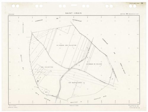 SAINT-VRAIN, plans minutes de conservation : tableau d'assemblage,1941, Ech. 1/10000 ; plans des sections Cu, A1, A2, B3, D1, D2, 1941, Ech. 1/2500, section A3, 1941, Ech. 1/1250, sections ZA, ZB, ZC, ZD, ZE, 1972, Ech. 1/2000, sections AA, AC, AD, AE, AH