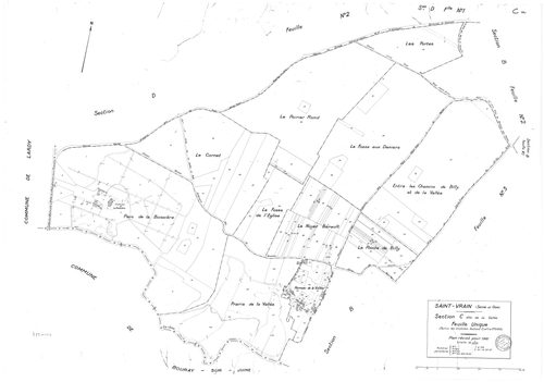 SAINT-VRAIN. - Cadastre révisé pour 1941 : plan du tableau d'assemblage, plans de la section A le Village 1ère feuille, idem 2ème feuille, idem 3ème feuille, section B Parc de Saint-Vrain 1ère feuille, idem 2ème feuille, idem 3ème feuille, section C la Va
