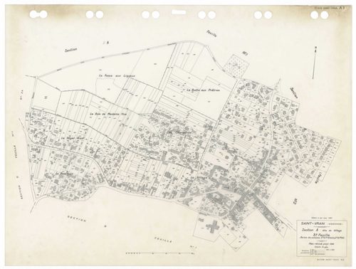 SAINT-VRAIN, plans minutes de conservation : tableau d'assemblage,1941, Ech. 1/10000 ; plans des sections Cu, A1, A2, B3, D1, D2, 1941, Ech. 1/2500, section A3, 1941, Ech. 1/1250, sections ZA, ZB, ZC, ZD, ZE, 1972, Ech. 1/2000, sections AA, AC, AD, AE, AH