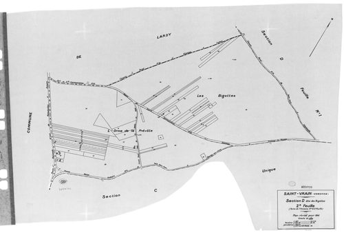 SAINT-VRAIN. - Cadastre révisé pour 1941 : plan du tableau d'assemblage, plans de la section A le Village 1ère feuille, idem 2ème feuille, idem 3ème feuille, section B Parc de Saint-Vrain 1ère feuille, idem 2ème feuille, idem 3ème feuille, section C la Va