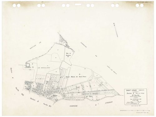 SAINT-VRAIN, plans minutes de conservation : tableau d'assemblage,1941, Ech. 1/10000 ; plans des sections Cu, A1, A2, B3, D1, D2, 1941, Ech. 1/2500, section A3, 1941, Ech. 1/1250, sections ZA, ZB, ZC, ZD, ZE, 1972, Ech. 1/2000, sections AA, AC, AD, AE, AH