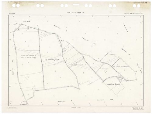 SAINT-VRAIN, plans minutes de conservation : tableau d'assemblage,1941, Ech. 1/10000 ; plans des sections Cu, A1, A2, B3, D1, D2, 1941, Ech. 1/2500, section A3, 1941, Ech. 1/1250, sections ZA, ZB, ZC, ZD, ZE, 1972, Ech. 1/2000, sections AA, AC, AD, AE, AH