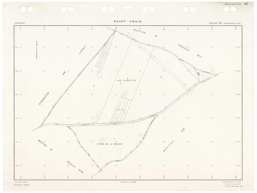 SAINT-VRAIN, plans minutes de conservation : tableau d'assemblage,1941, Ech. 1/10000 ; plans des sections Cu, A1, A2, B3, D1, D2, 1941, Ech. 1/2500, section A3, 1941, Ech. 1/1250, sections ZA, ZB, ZC, ZD, ZE, 1972, Ech. 1/2000, sections AA, AC, AD, AE, AH
