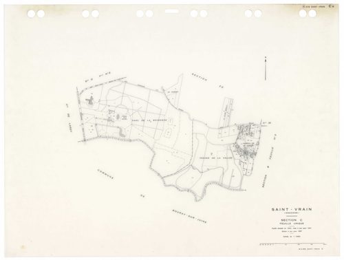 SAINT-VRAIN, plans minutes de conservation : tableau d'assemblage,1941, Ech. 1/10000 ; plans des sections Cu, A1, A2, B3, D1, D2, 1941, Ech. 1/2500, section A3, 1941, Ech. 1/1250, sections ZA, ZB, ZC, ZD, ZE, 1972, Ech. 1/2000, sections AA, AC, AD, AE, AH