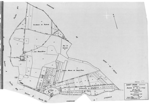 SAINT-VRAIN. - Cadastre révisé pour 1941 : plan du tableau d'assemblage, plans de la section A le Village 1ère feuille, idem 2ème feuille, idem 3ème feuille, section B Parc de Saint-Vrain 1ère feuille, idem 2ème feuille, idem 3ème feuille, section C la Va