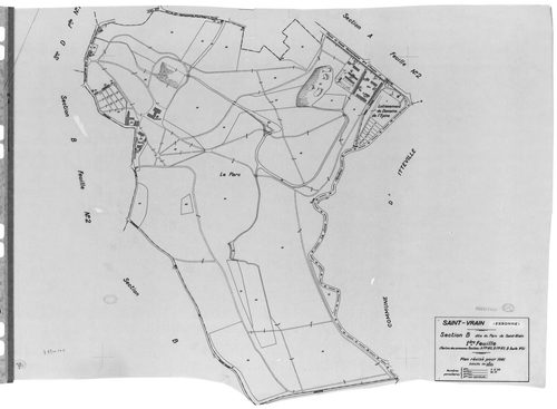 SAINT-VRAIN. - Cadastre révisé pour 1941 : plan du tableau d'assemblage, plans de la section A le Village 1ère feuille, idem 2ème feuille, idem 3ème feuille, section B Parc de Saint-Vrain 1ère feuille, idem 2ème feuille, idem 3ème feuille, section C la Va