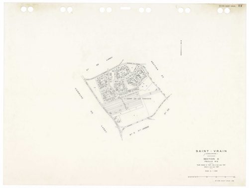 SAINT-VRAIN, plans minutes de conservation : tableau d'assemblage,1941, Ech. 1/10000 ; plans des sections Cu, A1, A2, B3, D1, D2, 1941, Ech. 1/2500, section A3, 1941, Ech. 1/1250, sections ZA, ZB, ZC, ZD, ZE, 1972, Ech. 1/2000, sections AA, AC, AD, AE, AH
