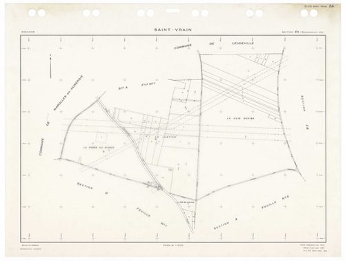 SAINT-VRAIN, plans minutes de conservation : tableau d'assemblage,1941, Ech. 1/10000 ; plans des sections Cu, A1, A2, B3, D1, D2, 1941, Ech. 1/2500, section A3, 1941, Ech. 1/1250, sections ZA, ZB, ZC, ZD, ZE, 1972, Ech. 1/2000, sections AA, AC, AD, AE, AH
