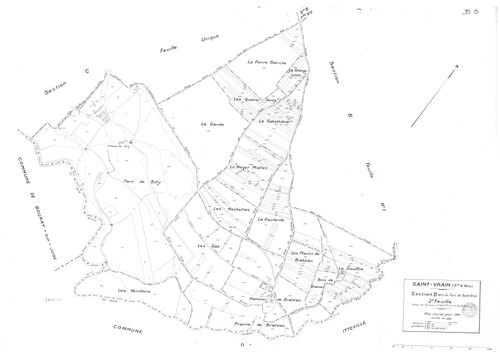 SAINT-VRAIN. - Cadastre révisé pour 1941 : plan du tableau d'assemblage, plans de la section A le Village 1ère feuille, idem 2ème feuille, idem 3ème feuille, section B Parc de Saint-Vrain 1ère feuille, idem 2ème feuille, idem 3ème feuille, section C la Va
