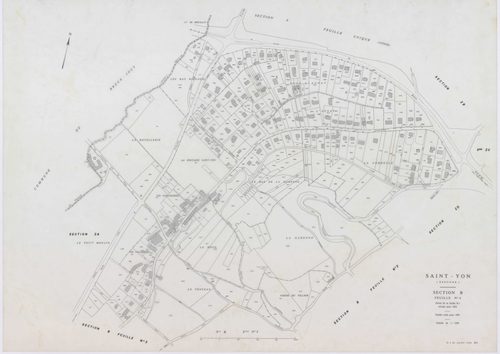 SAINT-YON, plans minutes de conservation : tableau d'assemblage, 1932, Ech. 1/10000 ; plans des section B2, 1932, Ech. 1/2500, sections A, B3, B4, 1991, Ech. 1/1250, sections ZA, ZB, ZC, ZD, 1995, Ech. 1/2000. Polyester. N et B. Dim. 105 x 80 cm [9 plans]
