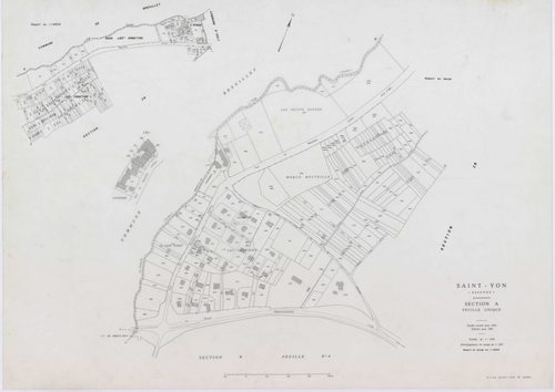 SAINT-YON, plans minutes de conservation : tableau d'assemblage, 1932, Ech. 1/10000 ; plans des section B2, 1932, Ech. 1/2500, sections A, B3, B4, 1991, Ech. 1/1250, sections ZA, ZB, ZC, ZD, 1995, Ech. 1/2000. Polyester. N et B. Dim. 105 x 80 cm [9 plans]