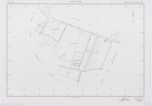 SAINT-YON, plans minutes de conservation : tableau d'assemblage, 1932, Ech. 1/10000 ; plans des section B2, 1932, Ech. 1/2500, sections A, B3, B4, 1991, Ech. 1/1250, sections ZA, ZB, ZC, ZD, 1995, Ech. 1/2000. Polyester. N et B. Dim. 105 x 80 cm [9 plans]