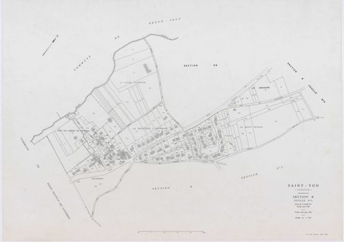 SAINT-YON, plans minutes de conservation : tableau d'assemblage, 1932, Ech. 1/10000 ; plans des section B2, 1932, Ech. 1/2500, sections A, B3, B4, 1991, Ech. 1/1250, sections ZA, ZB, ZC, ZD, 1995, Ech. 1/2000. Polyester. N et B. Dim. 105 x 80 cm [9 plans]