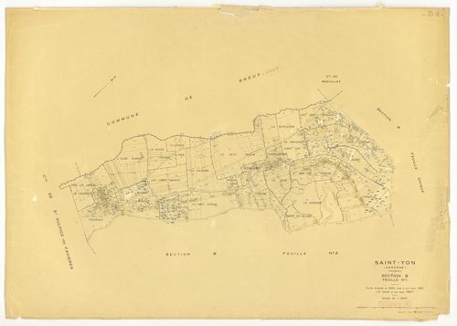 Plans minutes de conservation : SAINT-YON : tableau d'assemblage, ech. 1/10000 (1932), sections A, B2, ech. 1/2500 (1932) ; section B2, ech. 1/2500 (1932-1969), NB, papier, 105x80 [4 plans]. 