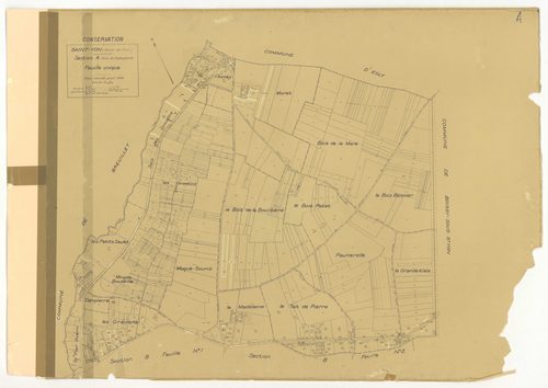 Plans minutes de conservation : SAINT-YON : tableau d'assemblage, ech. 1/10000 (1932), sections A, B2, ech. 1/2500 (1932) ; section B2, ech. 1/2500 (1932-1969), NB, papier, 105x80 [4 plans]. 