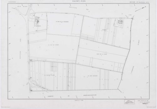 SAINT-YON, plans minutes de conservation : tableau d'assemblage, 1932, Ech. 1/10000 ; plans des section B2, 1932, Ech. 1/2500, sections A, B3, B4, 1991, Ech. 1/1250, sections ZA, ZB, ZC, ZD, 1995, Ech. 1/2000. Polyester. N et B. Dim. 105 x 80 cm [9 plans]