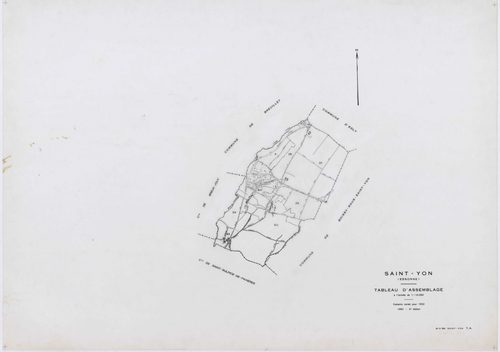 SAINT-YON, plans minutes de conservation : tableau d'assemblage, 1932, Ech. 1/10000 ; plans des section B2, 1932, Ech. 1/2500, sections A, B3, B4, 1991, Ech. 1/1250, sections ZA, ZB, ZC, ZD, 1995, Ech. 1/2000. Polyester. N et B. Dim. 105 x 80 cm [9 plans]