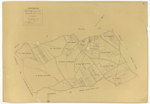 Plans minutes de conservation : SAINT-YON : tableau d'assemblage, ech. 1/10000 (1932), sections A, B2, ech. 1/2500 (1932) ; section B2, ech. 1/2500 (1932-1969), NB, papier, 105x80 [4 plans]. 