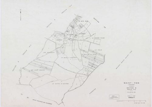 SAINT-YON, plans minutes de conservation : tableau d'assemblage, 1932, Ech. 1/10000 ; plans des section B2, 1932, Ech. 1/2500, sections A, B3, B4, 1991, Ech. 1/1250, sections ZA, ZB, ZC, ZD, 1995, Ech. 1/2000. Polyester. N et B. Dim. 105 x 80 cm [9 plans]