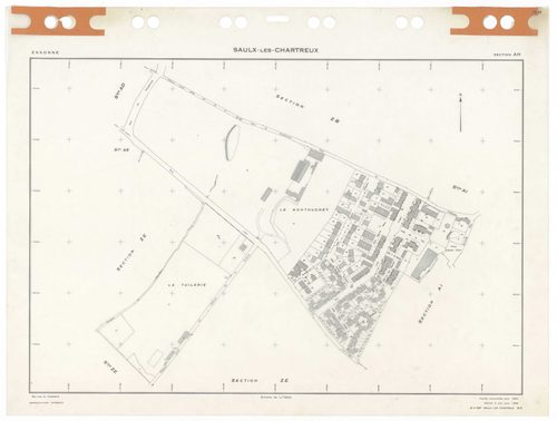 SAULX-LES-CHARTREUX, plans minutes de conservation : tableau d'assemblage,1962, Ech. 1/10000 ; plans des sections Au, Bu, Eu, Fu, Hu, Iu, Ou, G1, G2, 1962, Ech. 1/1250, sections AB, AC, AD, AE, AH, AI, AK, AL, AM, AN, AO, ZA, ZB, ZC, ZD, ZE, ZH, ZI, ZK, Z