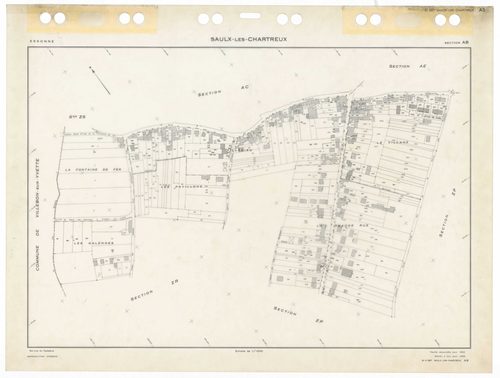 SAULX-LES-CHARTREUX, plans minutes de conservation : tableau d'assemblage,1962, Ech. 1/10000 ; plans des sections Au, Bu, Eu, Fu, Hu, Iu, Ou, G1, G2, 1962, Ech. 1/1250, sections AB, AC, AD, AE, AH, AI, AK, AL, AM, AN, AO, ZA, ZB, ZC, ZD, ZE, ZH, ZI, ZK, Z