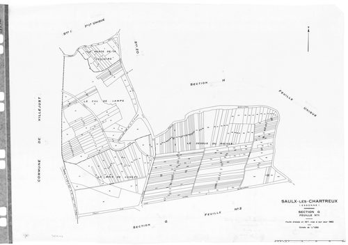 SAULX-LES-CHARTREUX. - Cadastre dressé en 1817 mis à jour en 1962 : plans de la section A, section B, section E, section F, section G 1ère feuille, idem 2ème feuille, section H, section I, section O ; cadastre renouvelé pour 1962 : plans de la section AB,
