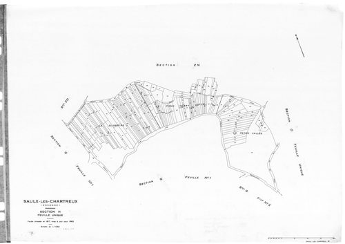 SAULX-LES-CHARTREUX. - Cadastre dressé en 1817 mis à jour en 1962 : plans de la section A, section B, section E, section F, section G 1ère feuille, idem 2ème feuille, section H, section I, section O ; cadastre renouvelé pour 1962 : plans de la section AB,