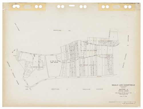 SAULX-LES-CHARTREUX, plans minutes de conservation : tableau d'assemblage,1962, Ech. 1/10000 ; plans des sections Au, Bu, Eu, Fu, Hu, Iu, Ou, G1, G2, 1962, Ech. 1/1250, sections AB, AC, AD, AE, AH, AI, AK, AL, AM, AN, AO, ZA, ZB, ZC, ZD, ZE, ZH, ZI, ZK, Z